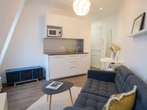 Pièce de vie optimisée avec kitchenette blanche et inox ouverte sur le salon, canapé capitonné gris anthracite, table basse tripode noire, banc de rangement bleu et suspension géométrique.