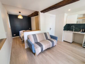 Vue d'ensemble du studio rénové montrant le salon avec canapé banquette, le coin nuit séparé par une demi-cloison et la kitchenette à crédence hexagonale verte.